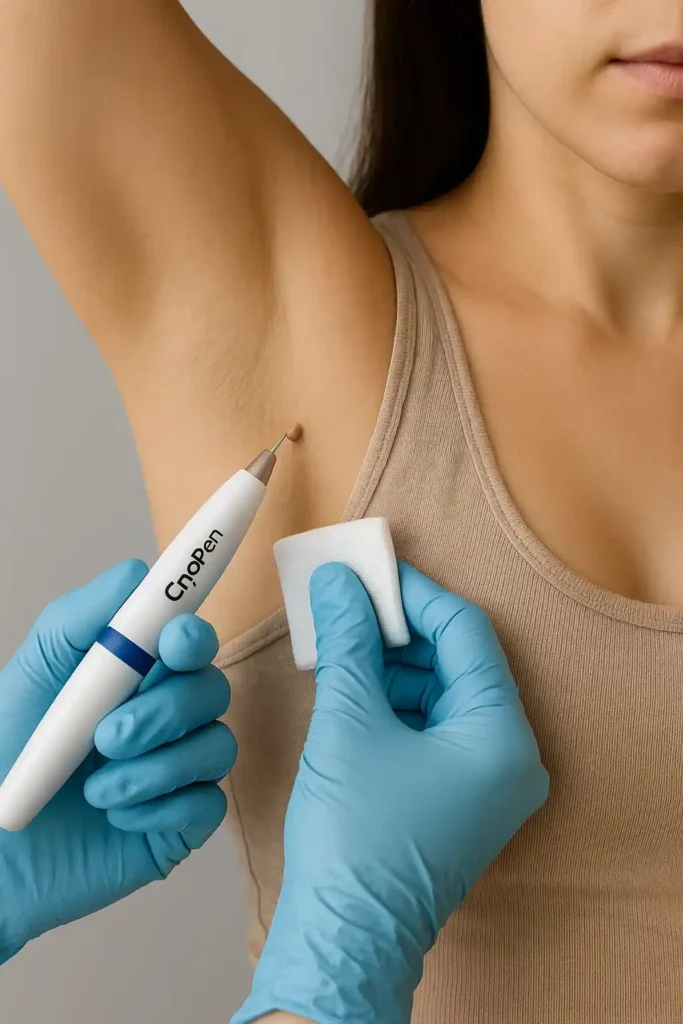 woman having cryopen to remove underarm skin tags Southend