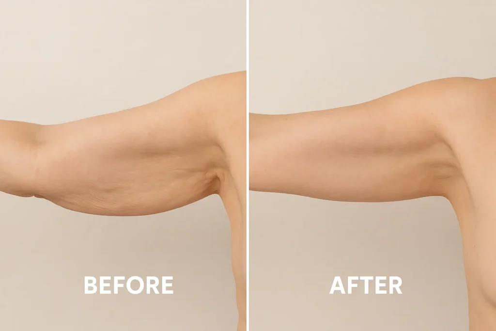 Picture of LA LIPO Southend before and after results of skin tightening treatment on the upper arms.