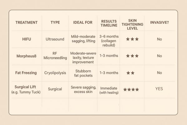 Table showing the comparisons of Skin tightening Southend treatment options.